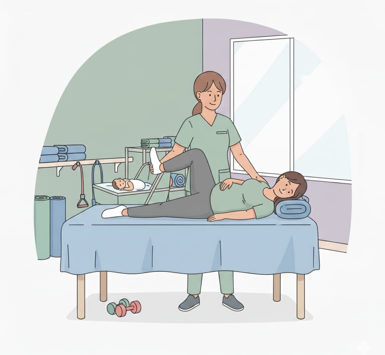 Se muestra a una mujer en el postparto en una habitación de una clínica de fisioterapia.