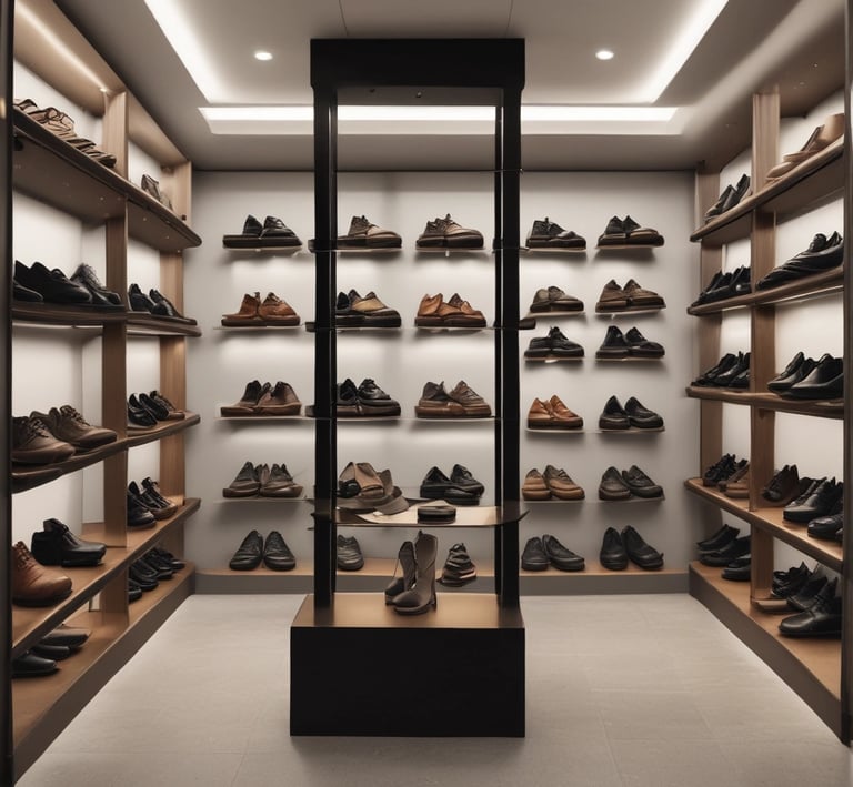 A well-organized display of branded merchandise with a minimalist aesthetic. The items include bottles, cups, a sneaker, bags, and other accessories, all featuring a distinctive percentage symbol on a white or neutral background. The display is set against a white brick wall, giving an industrial feel.