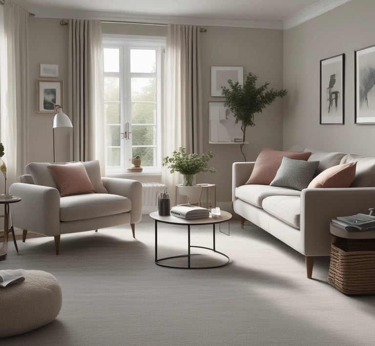A tidy living room showcasing spotless carpets and furniture.