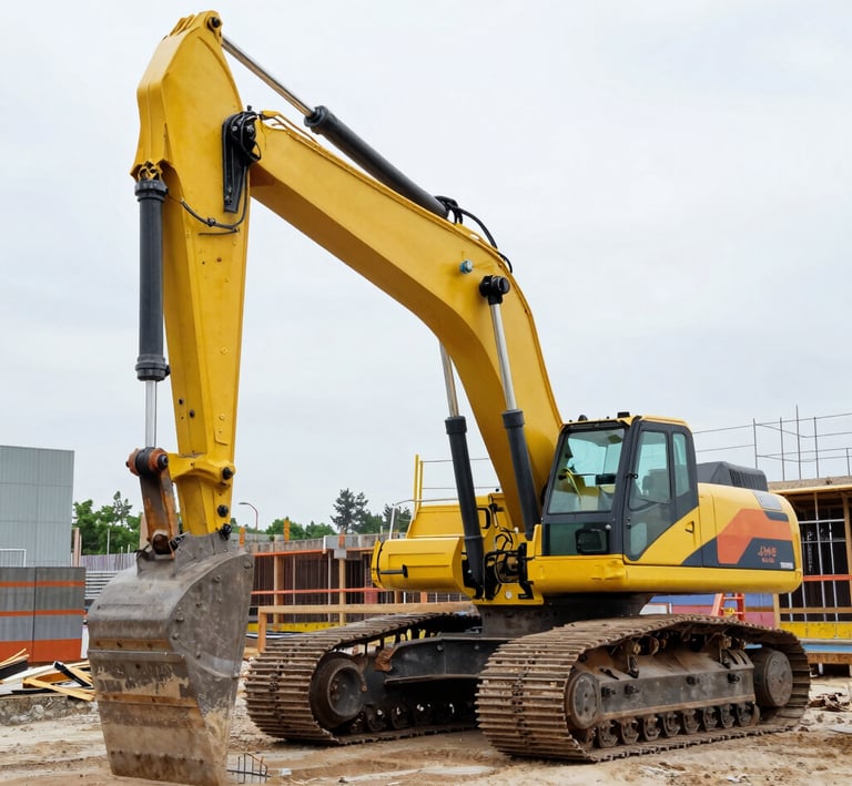 A powerful excavator digging at a busy construction site under a bright blue sky.