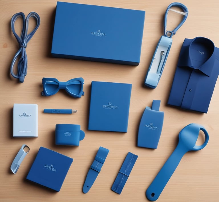 A conference room set up for a presentation or workshop with red chairs arranged around tables. Each table contains glasses, notepads, and black bags with logos. A projector screen at the front displays a title. Banners with graphics and text are positioned on either side of the room. A plant adds greenery to the setting.