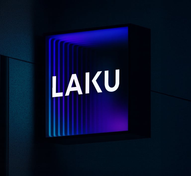 Modern brand identity and illuminated signage design for LAKU. A contemporary branding project focus