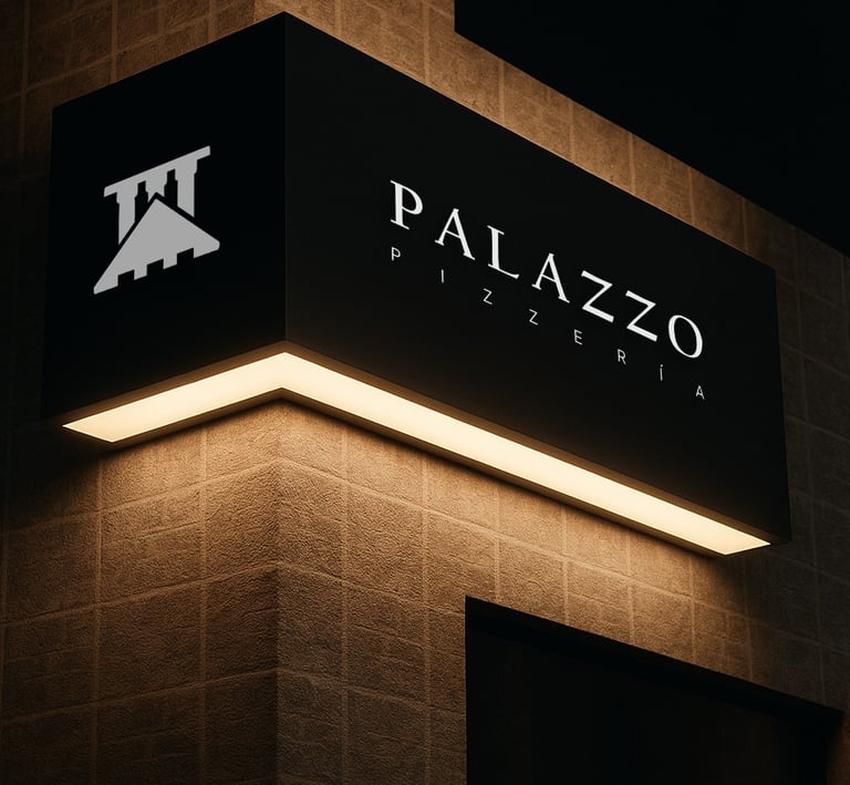 Exterior signage and restaurant branding design for Palazzo Pizzeria.