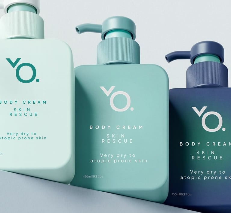 Skincare brand identity and body cream packaging design for VO. A clean and minimalist