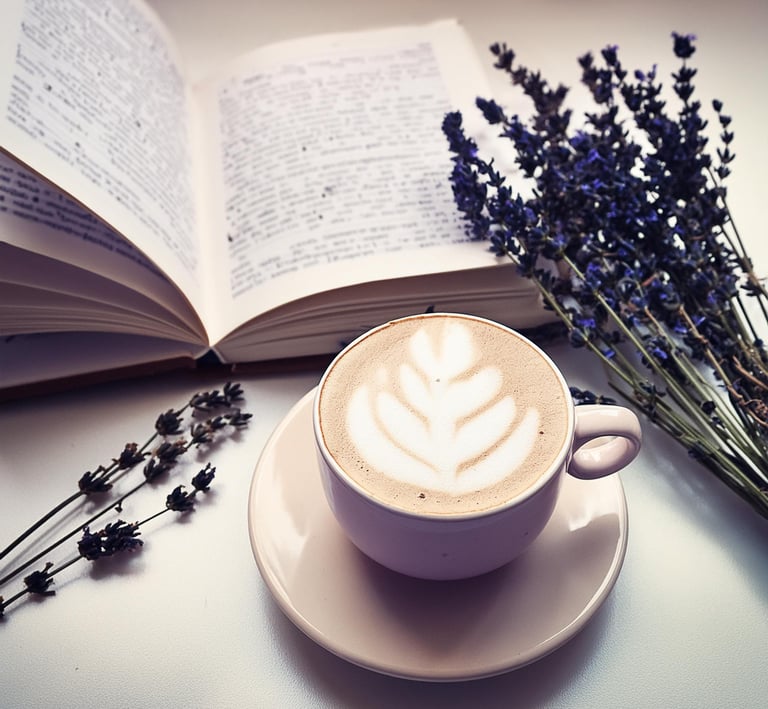 a cup of coffee with a book and a bouquet of flowers