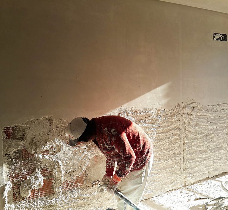 Aplicación de yeso proyectado en pared interior con máquina