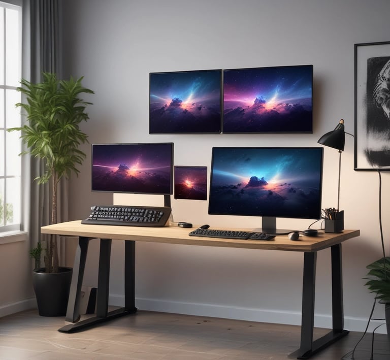 A Lenovo laptop displayed on a wooden desk with a screen showing a system performance window and several desktop icons. Behind it, there are additional computer monitors, one of which has a visible LG logo, and a white coffee mug with an Intel logo. Various office items like a mouse and a keyboard can also be seen.