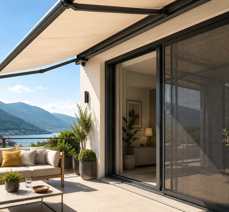 Terrazzo moderno in Ticino con tenda da sole e zanzariera su misura installate su abitazione contemporanea.