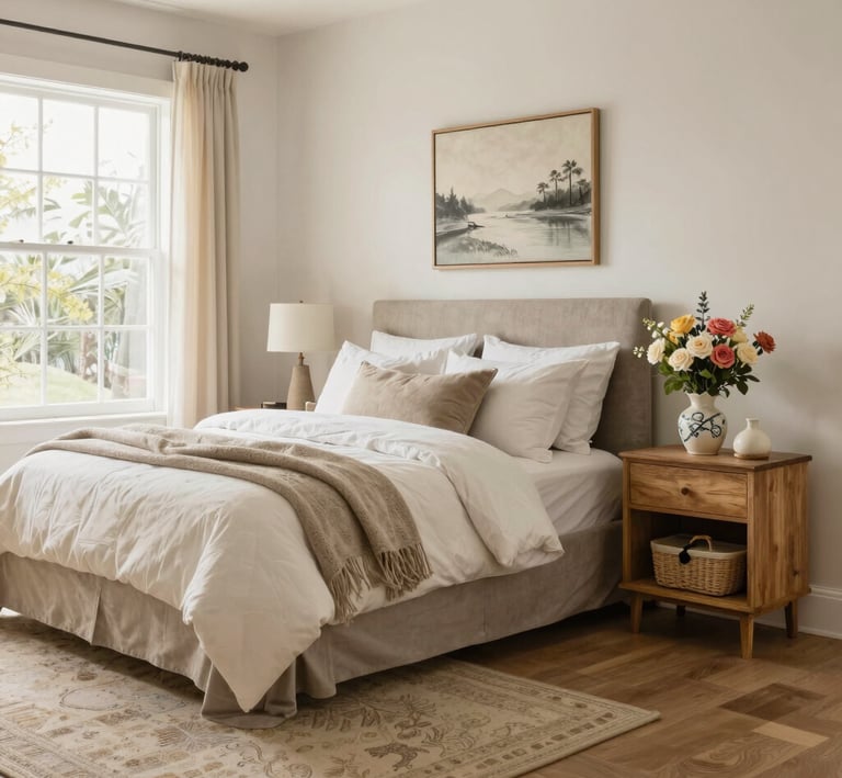 Soft morning light filters through a tidy, cozy living room with fresh flowers on the table.