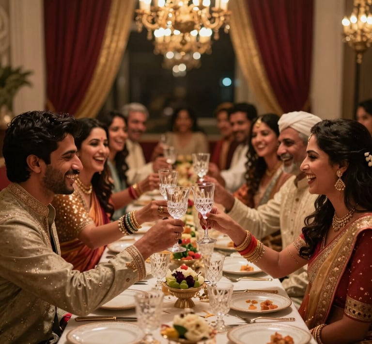 An intimate candid shot capturing genuine smiles and the sparkle of crystal glasses at night.