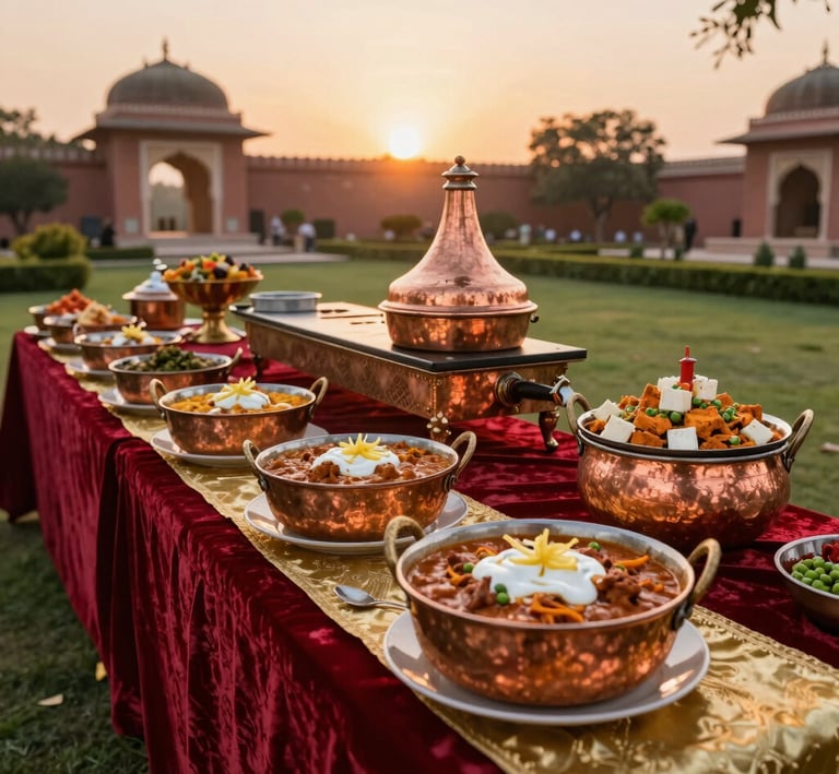 The glowing sunset casting warm light over the palace garden backdrop behind the catering setup.