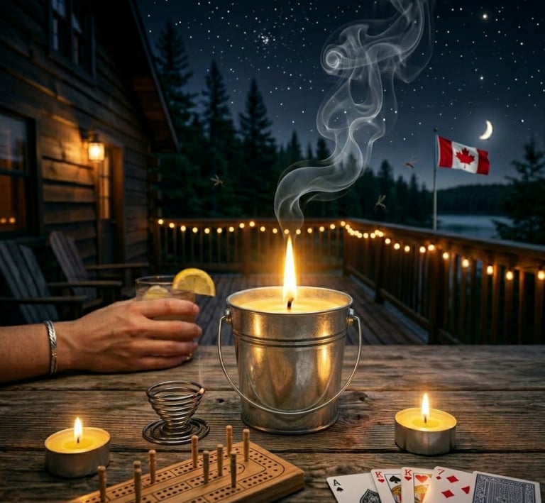 Lit bucket candle smoking on a cabin porch at night beside tea lights, playing cards, cribbage, and Canadian flag. 