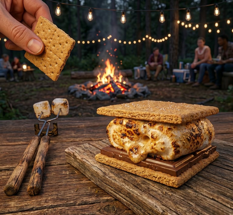Giant toasted s'more on a wooden board at a campsite near a crackling bonfire with string lights overhead. 