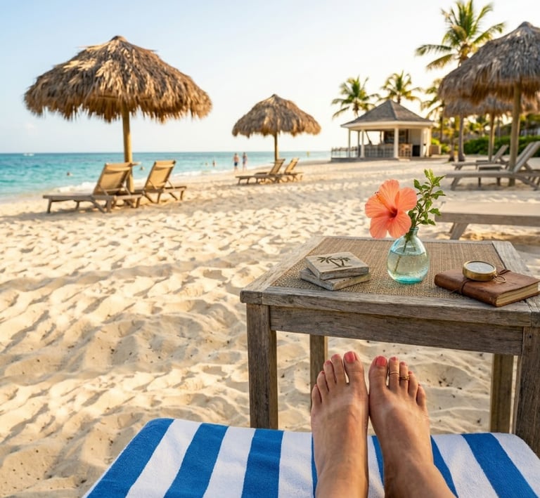 Person lounging on a blue striped towel looking at feet with beach chairs, thatched umbrellas, and ocean background.