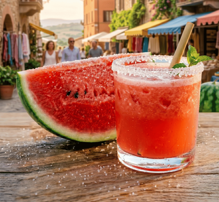 Fresh watermelon smoothie drink in a sugar-rimmed glass with a straw next to a ripe watermelon slice outdoors.