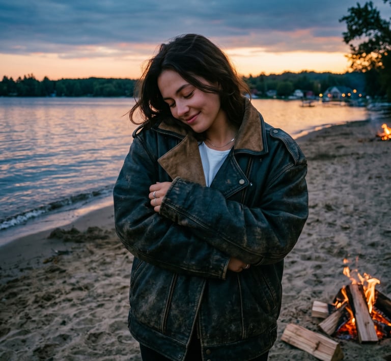 A smiling woman wrapped in an oversized leather jacket on a sandy beach at dusk next to a small campfire.