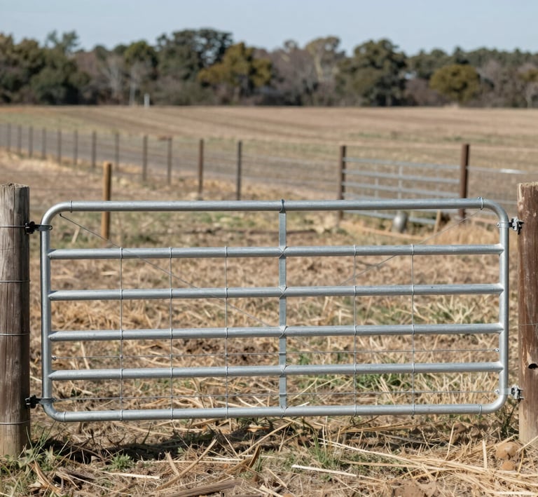 Close-up of a sturdy wire fence enclosing a lush green agricultural field under a bright sky.