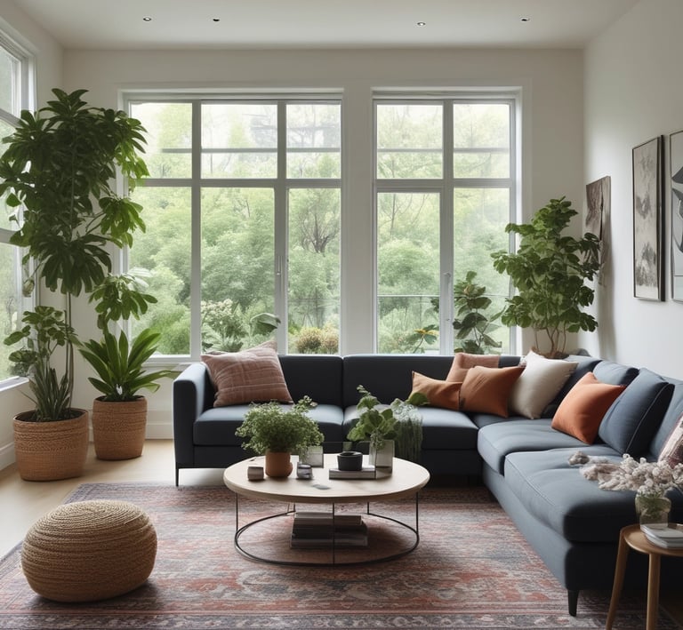 A serene living room with soft natural light highlighting minimalist furniture and warm wooden accents.