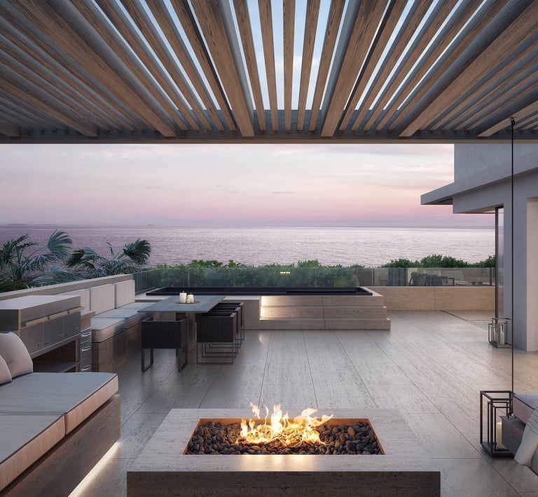 beachfront penthouse with a fire pit and a couch