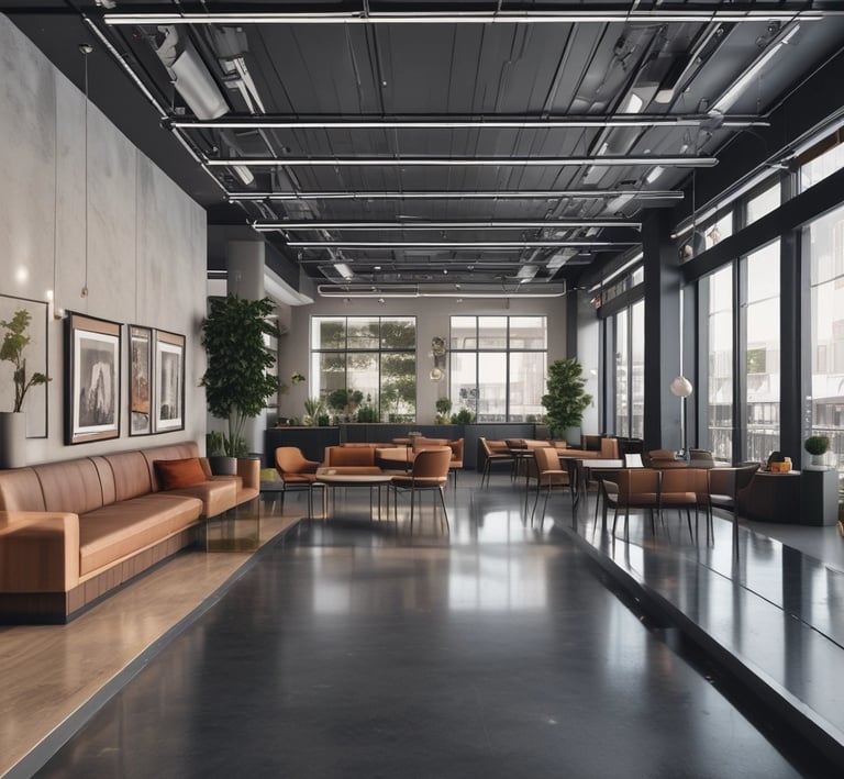 Wide shot of a finished commercial interior blending minimalist style with functional infrastructure.