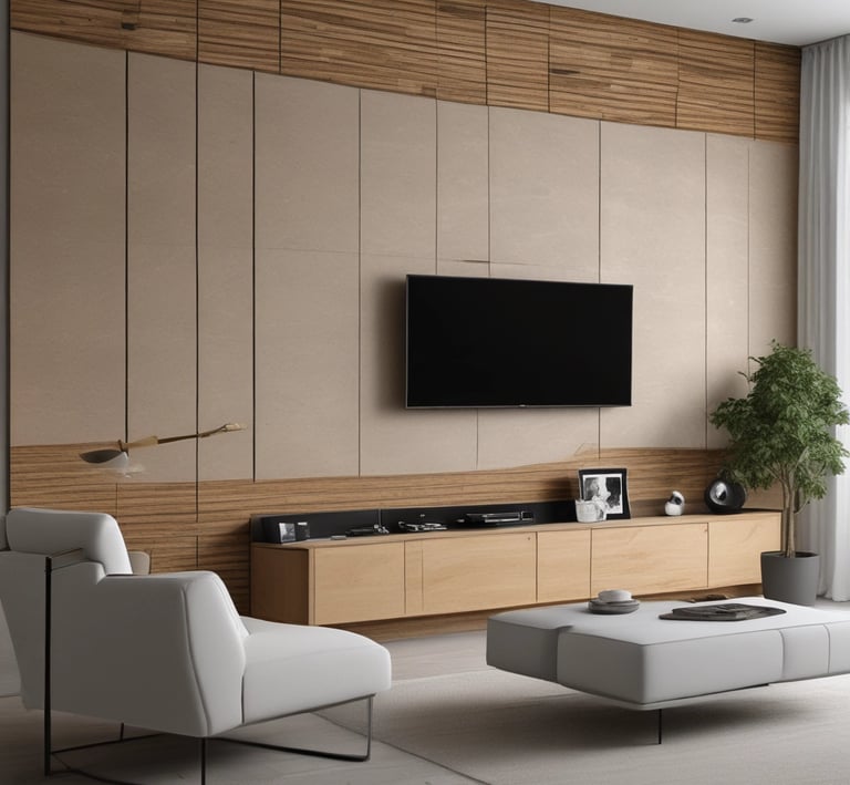 Modern living room featuring a wall-mounted TV on a beige stone panel with wood accents and white furniture.