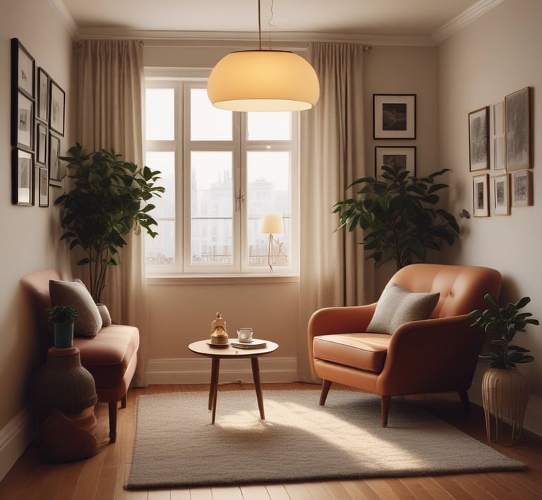 Modern living room with leather armchairs, indoor plants, and soft sunlight through the window.