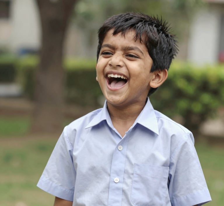 Close-up of a child proudly wearing a full Wonder Wings uniform, including the sports upper and lower, smiling outdoors.