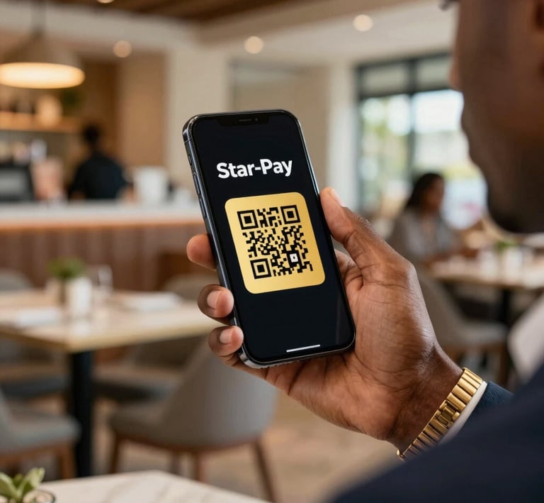 A close-up of a user scanning a QR code on their phone to pay instantly with Star-Pay wallet.