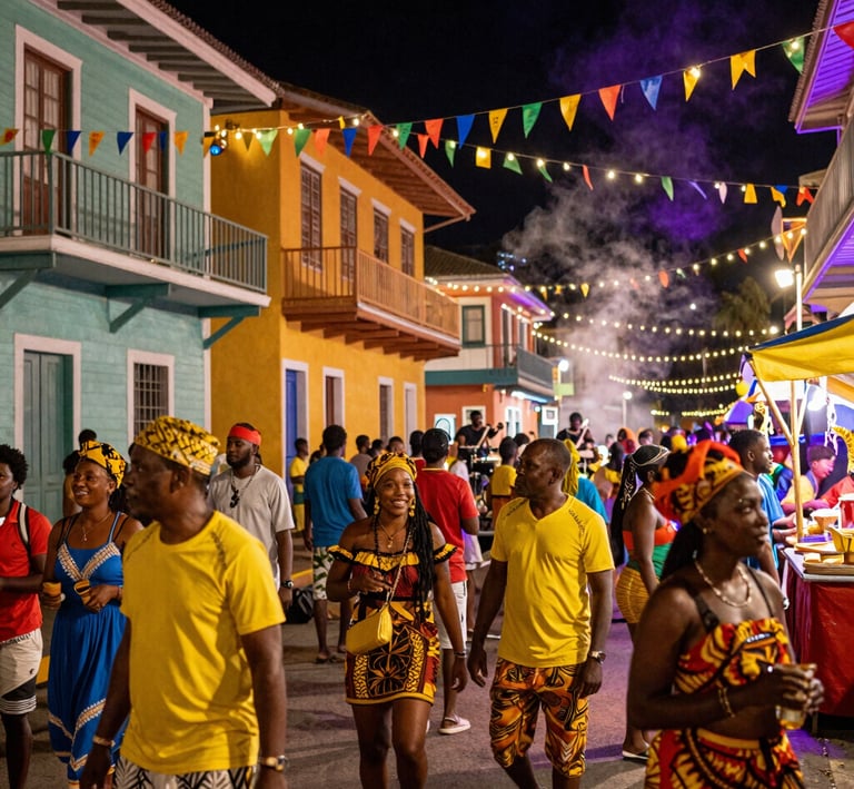 A vibrant night market scene in Georgetown with colorful stalls and happy people enjoying local Caribbean food.