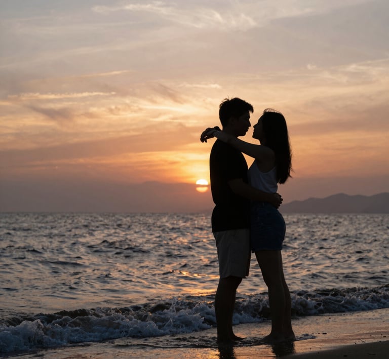An intimate portrait of a couple sharing a quiet, candid moment against a blurred city backdrop.