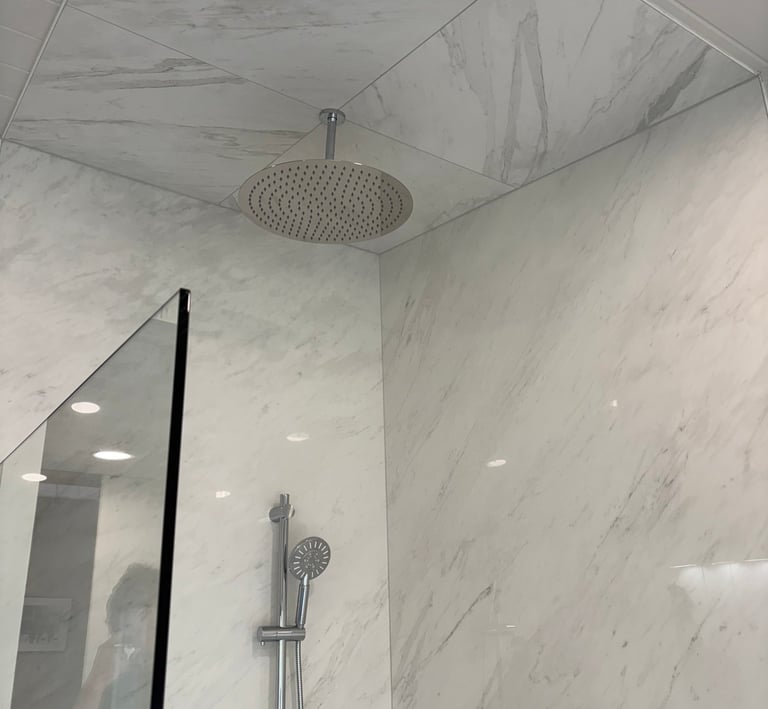 Modern luxury walk-in shower featuring 5' x 10' porcelain slabs and large format tiles on ceiling..