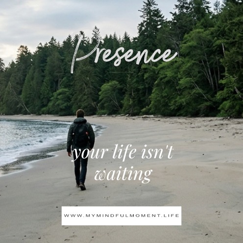 A person hiking along a sandy beach near a lush green forest with mindful text overlays.