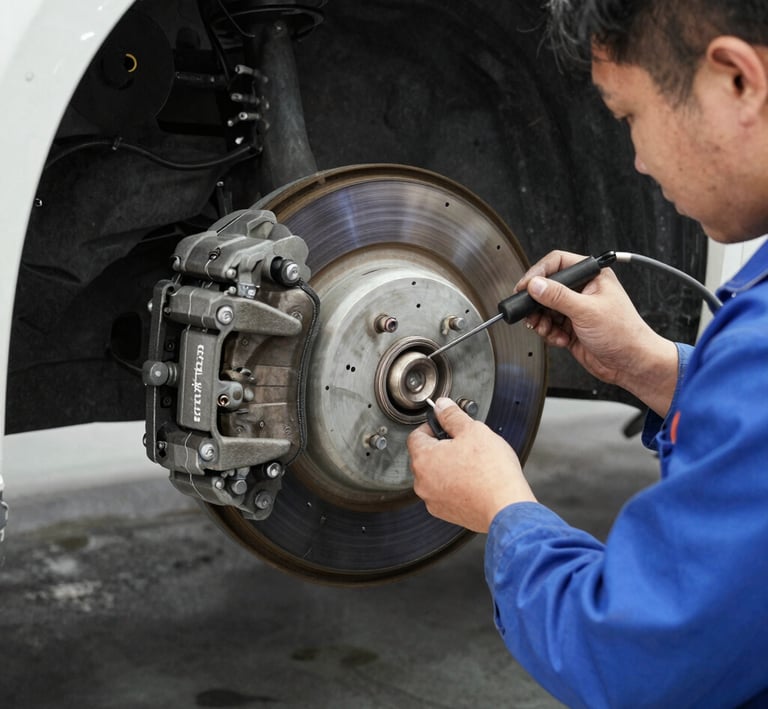 A technician replacing brake pads on a car wheel with precision.