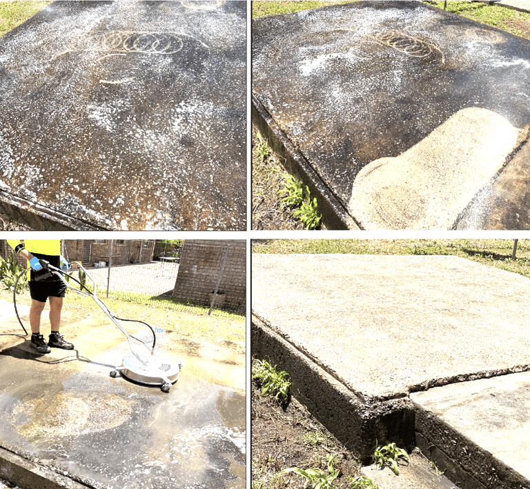 Professional pressure washing service cleaning a dirty concrete patio with a surface cleaner.