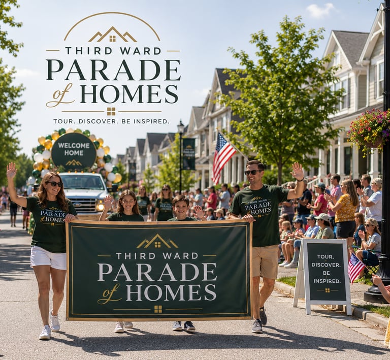 A family carries a Third Ward Parade of Homes banner through a sunny neighborhood street parade.