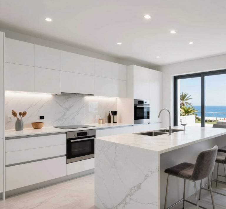 An inviting outdoor living space with custom carpentry, cozy seating, and lush greenery under a clear blue sky.