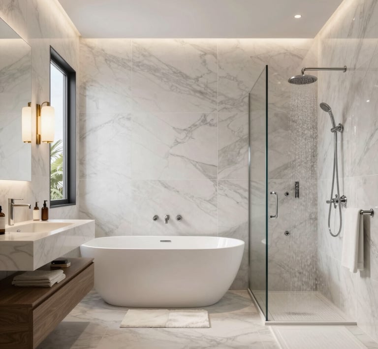 A serene spa bathroom featuring natural stone tiles and a freestanding tub with soft ambient lighting.