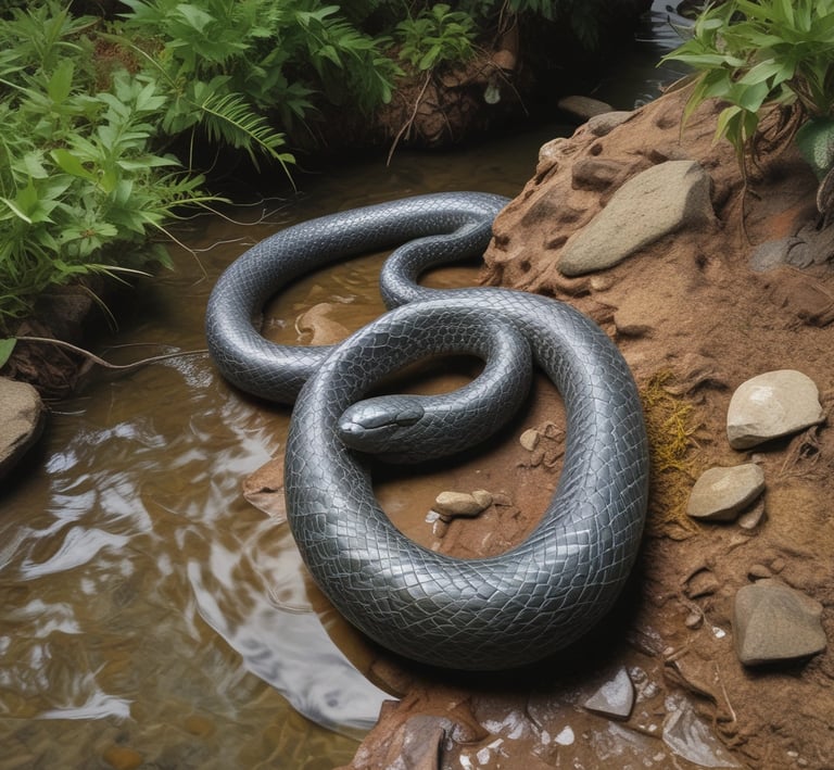A close-up photograph of a green tree python coiled around a branch in a rainforest setting.