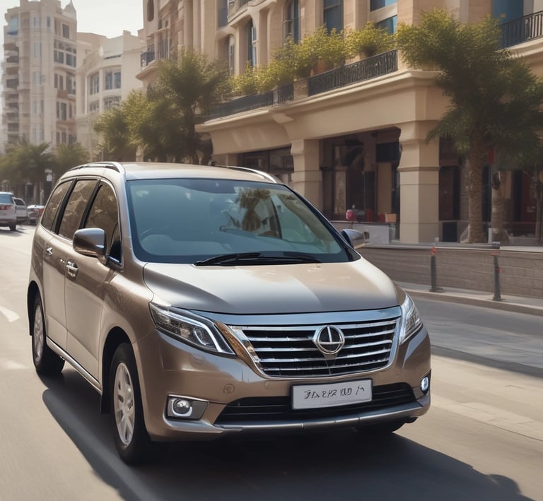 A group of executives stepping out of a spacious luxury van at a corporate event.