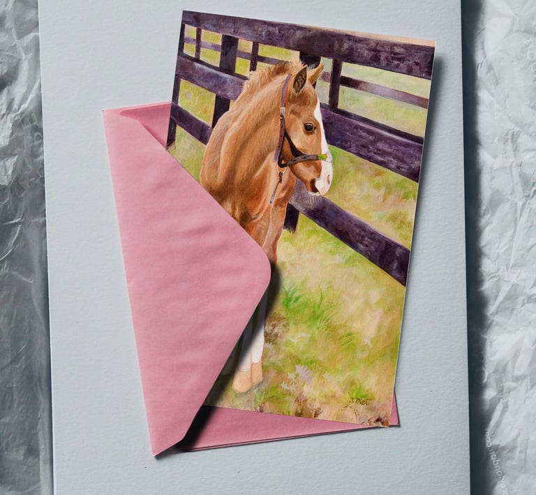 Greeting card mockup featuring an original horse painting by Julie Diehl — available for licensing