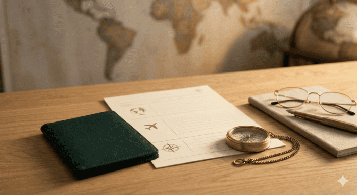 Travel documents with a passport, compass, and eyeglasses on a desk with a world map background.