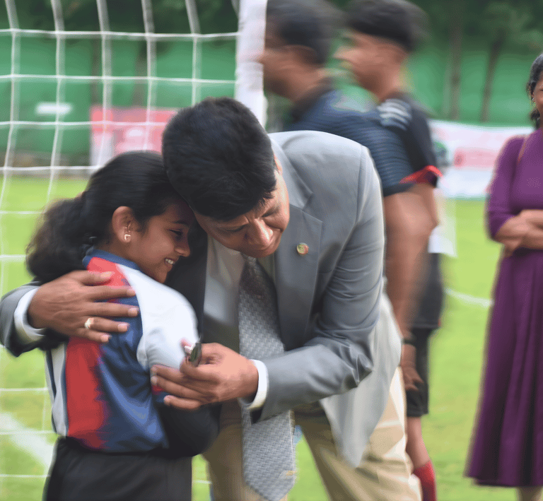 A smiling man in a suit hugging a young female soccer player on a green football field.