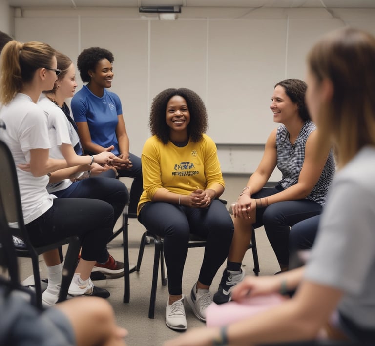 Kerry-Ann Brown warmly engaging with a group of women during a coaching session.