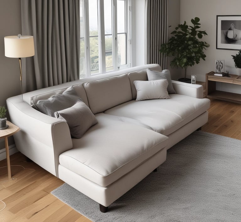 A clean, freshly shampooed sofa in a bright living room.