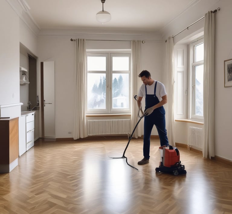A team member in uniform carefully cleaning a construction site floor.
