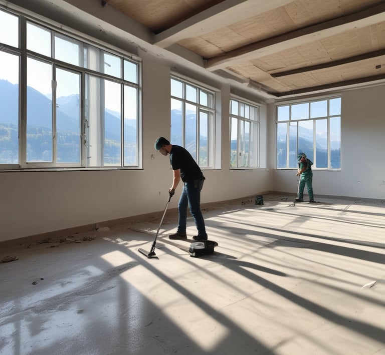 A team member in uniform carefully cleaning a construction site floor.