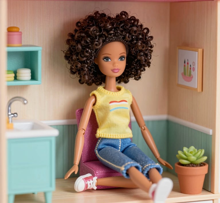 An elegant black doll figurine dressed in a fashionable outfit, symbolizing the brand's dedication to style.
