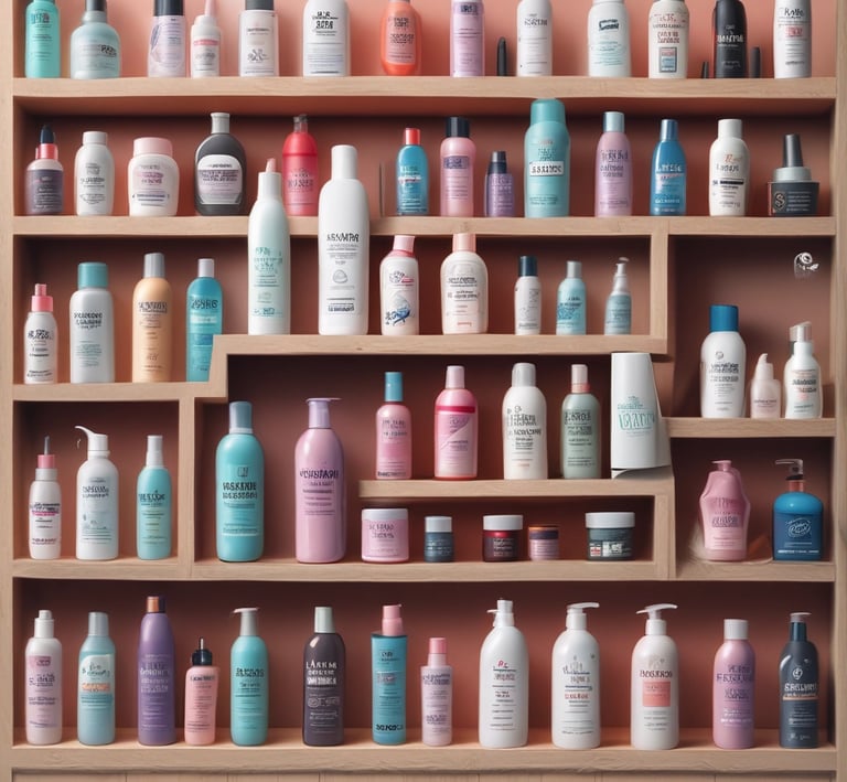Cosmetic bottles and jars from Miguett and Cosmedic Peeling lined up on a wooden shelf.