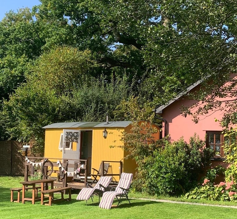 Yellow shepherd hut with a wooden deck and lounge chairs in a sunny garden.