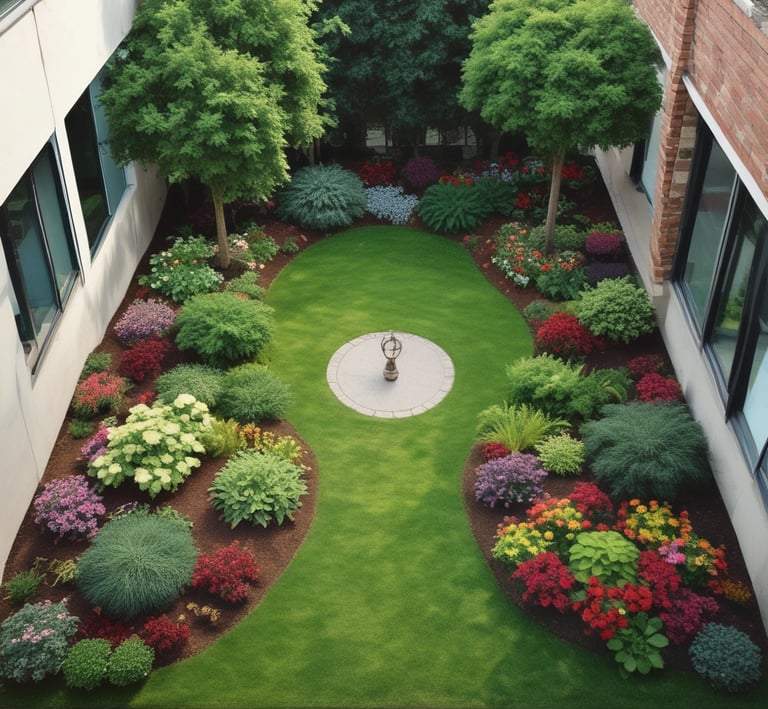 A vibrant school garden with a mix of flowering plants and shaded seating areas.